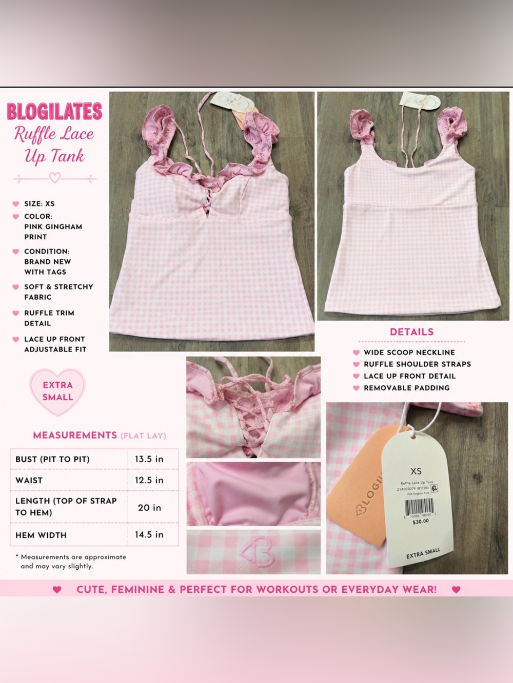 NWT Blogilates Ruffle Lace Up Tank Pink Gingham Print XS